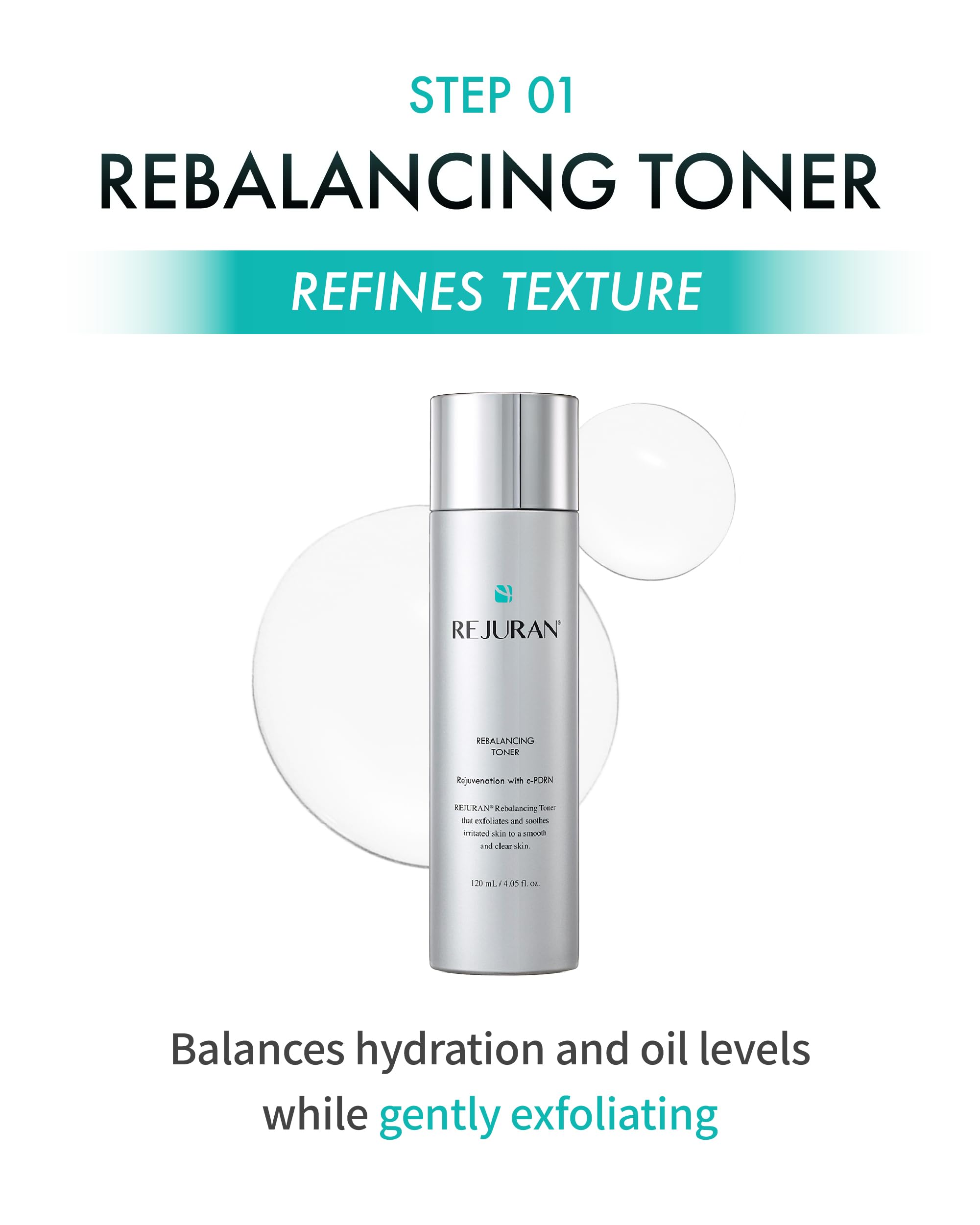 REJURAN Rebalancing Toner bottle balancing hydration and oil for smoother texture.