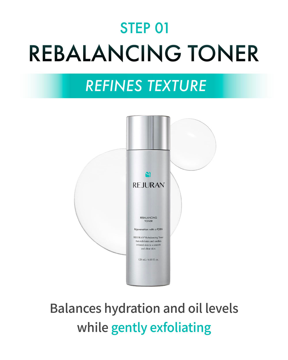 REJURAN Rebalancing Toner bottle balancing hydration and oil for smoother texture.