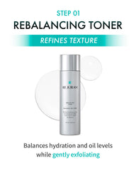 REJURAN Rebalancing Toner bottle balancing hydration and oil for smoother texture.