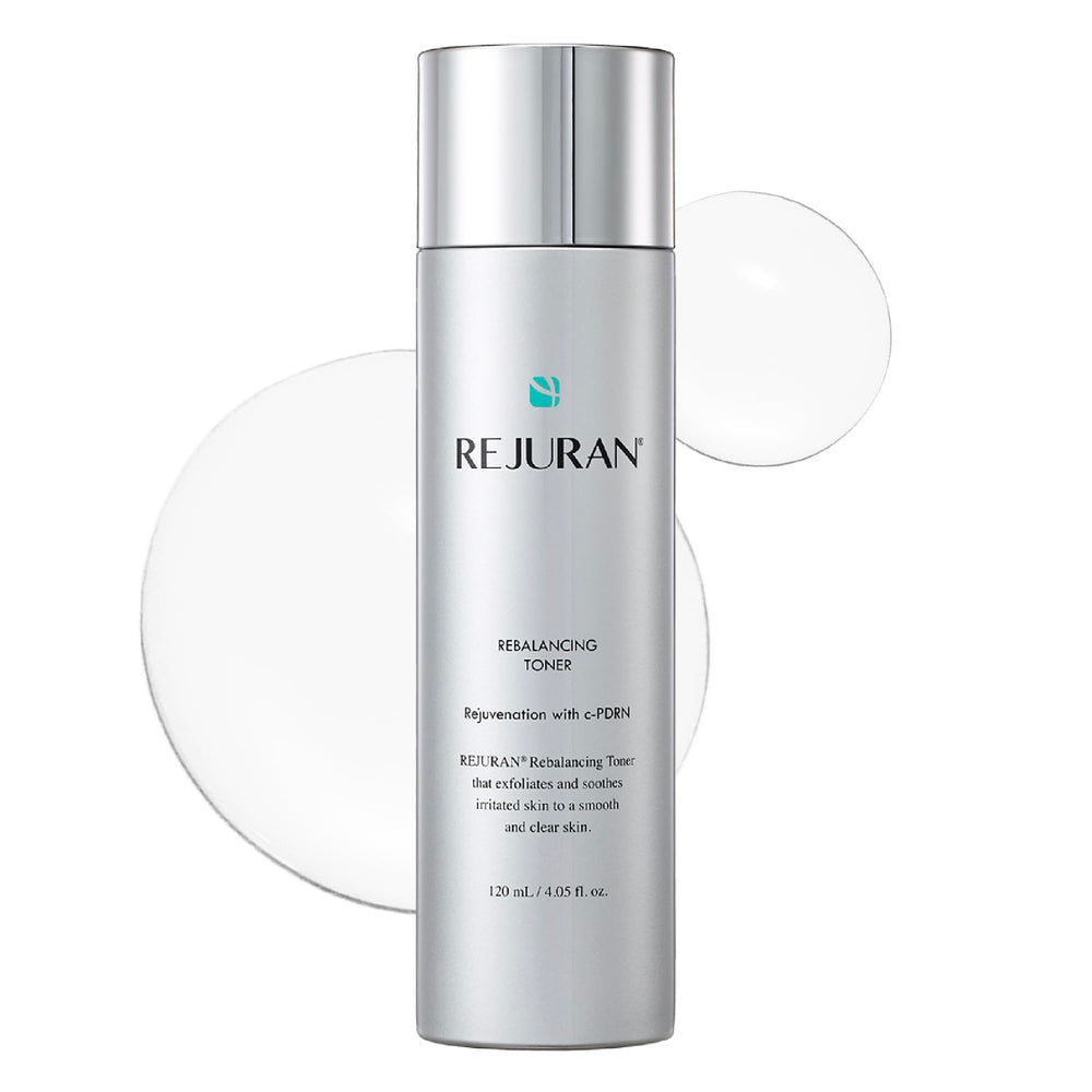 REJURAN Rebalancing Toner bottle close-up showing hydration balance for a calmer complexion