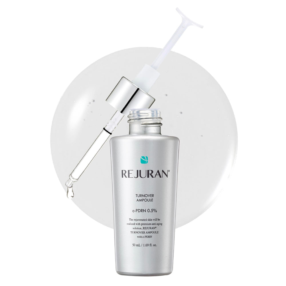 REJURAN Turnover Ampoule bottle highlights c-PDRN for skin renewal and resilience.