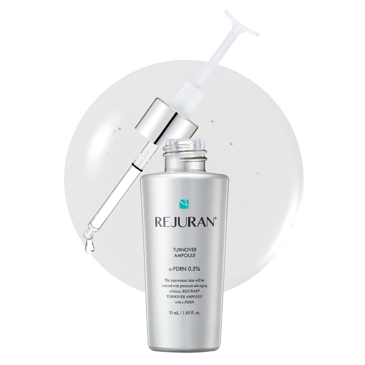 REJURAN Turnover Ampoule bottle highlights c-PDRN for skin renewal and resilience.