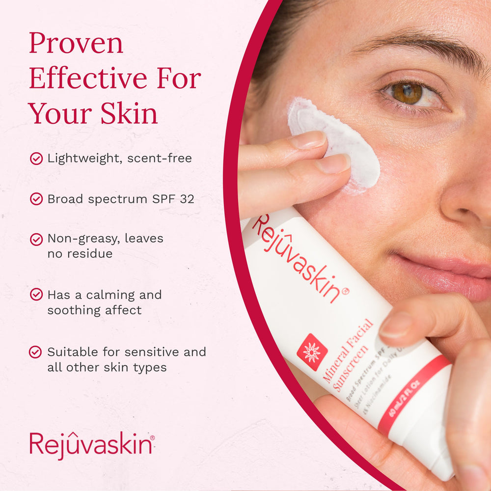 Rejuvaskin Mineral Facial Sunscreen shown under makeup for wear during makeup routines.