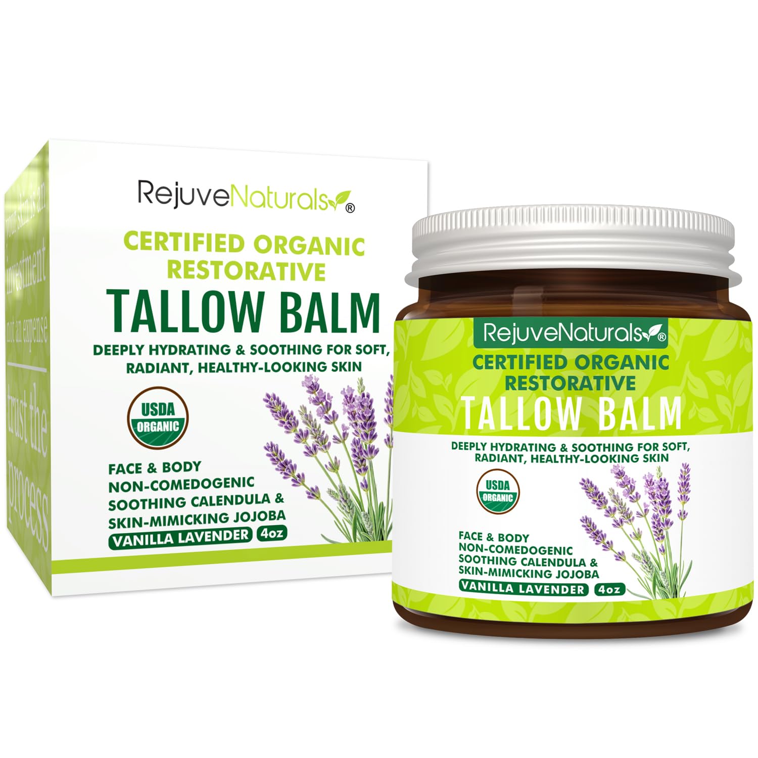 Ingredients display of RejuveNaturals balm with tallow and jojoba oil.