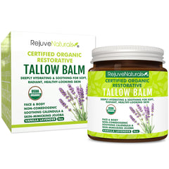 Ingredients display of RejuveNaturals balm with tallow and jojoba oil.