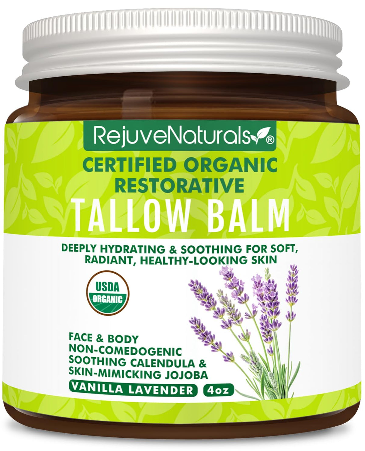 RejuveNaturals beef tallow balm jar shown for face and body hydration.