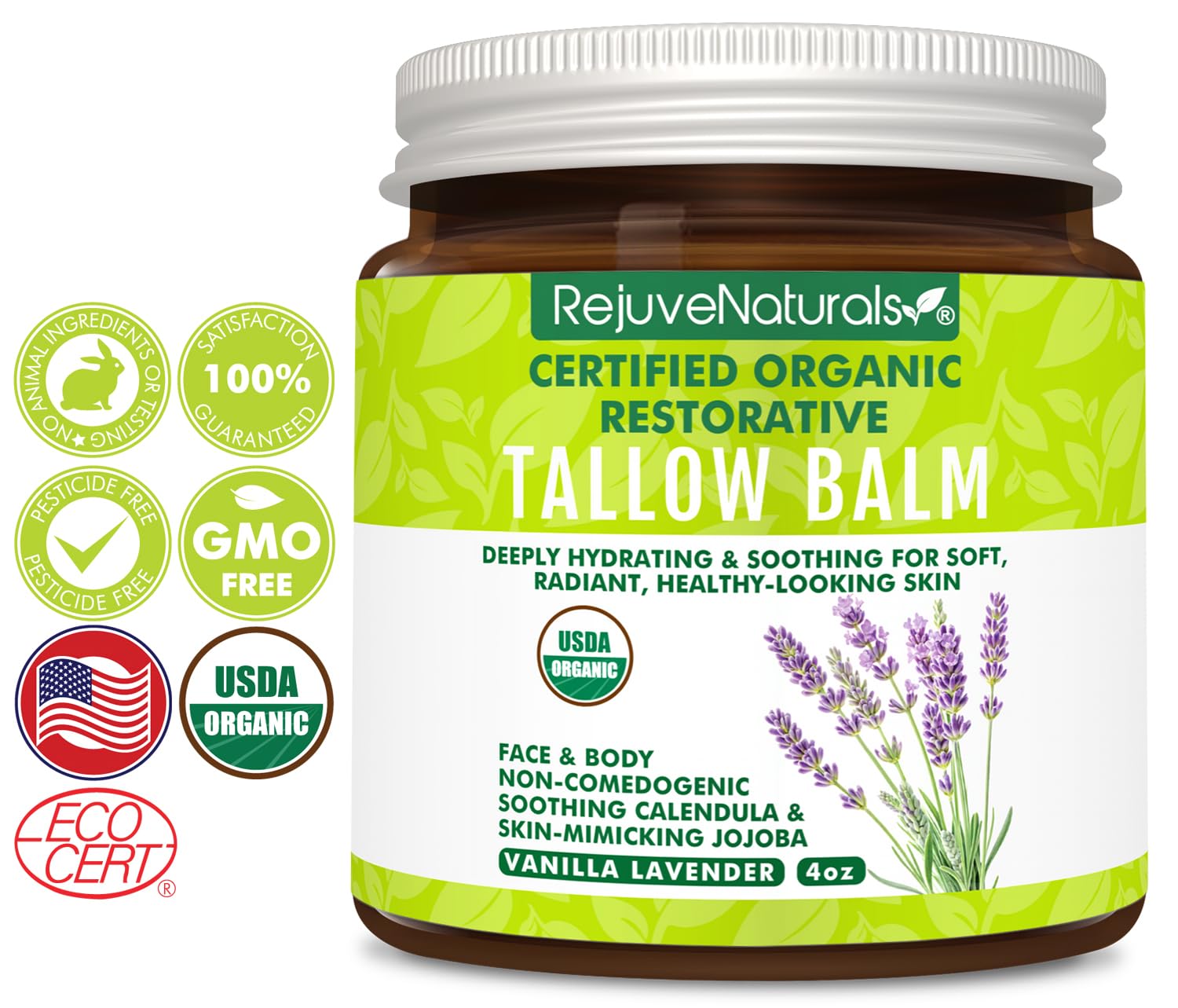 Label on RejuveNaturals beef tallow balm highlighting organic certification.