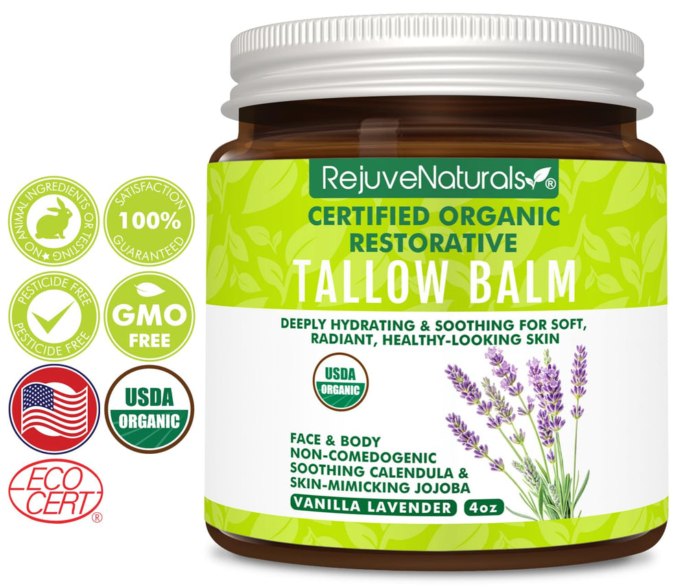 Label on RejuveNaturals beef tallow balm highlighting organic certification.
