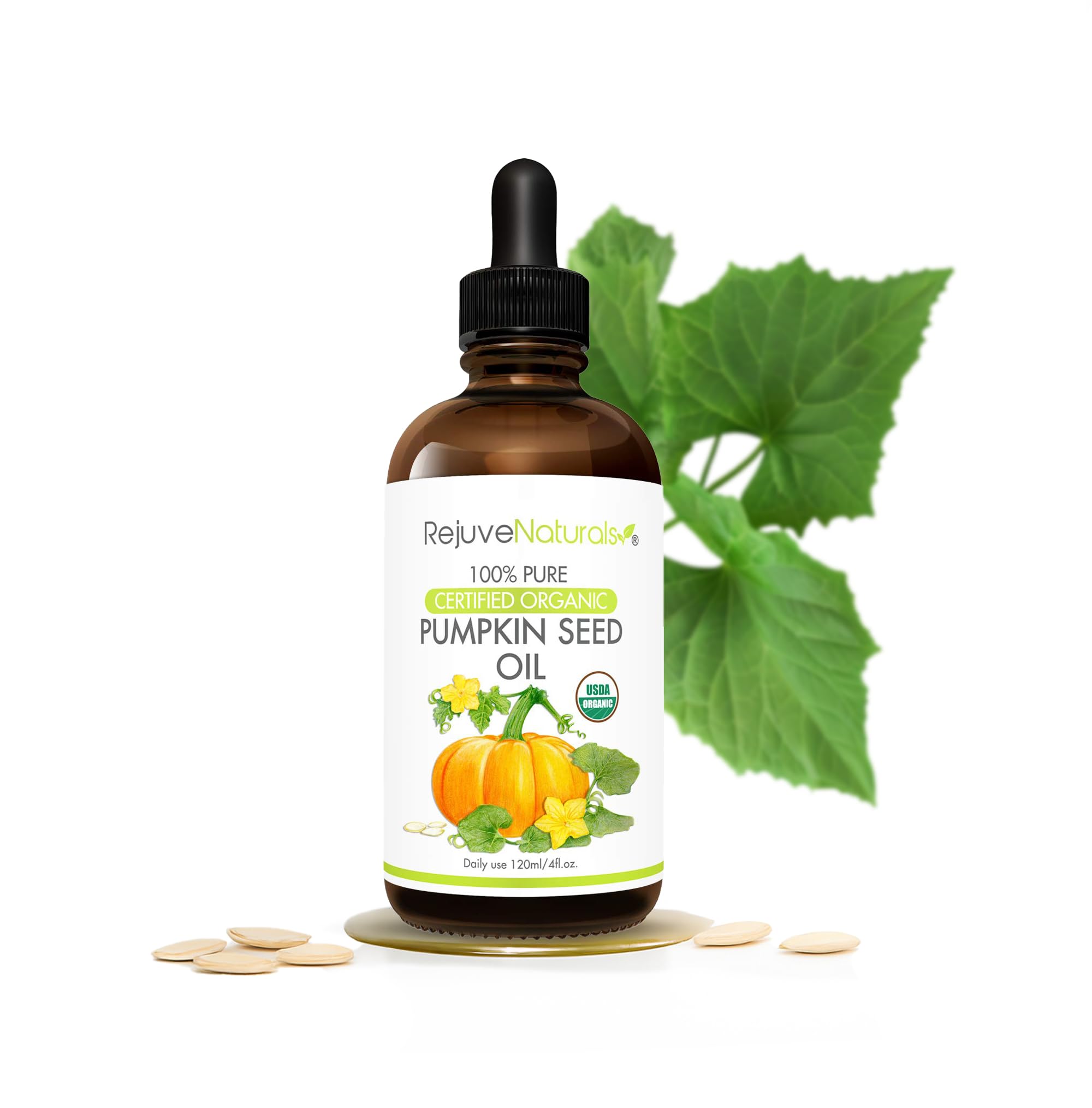 RejuveNaturals Organic Pumpkin Seed Oil bottle 4 oz, ideal for skin hydration.