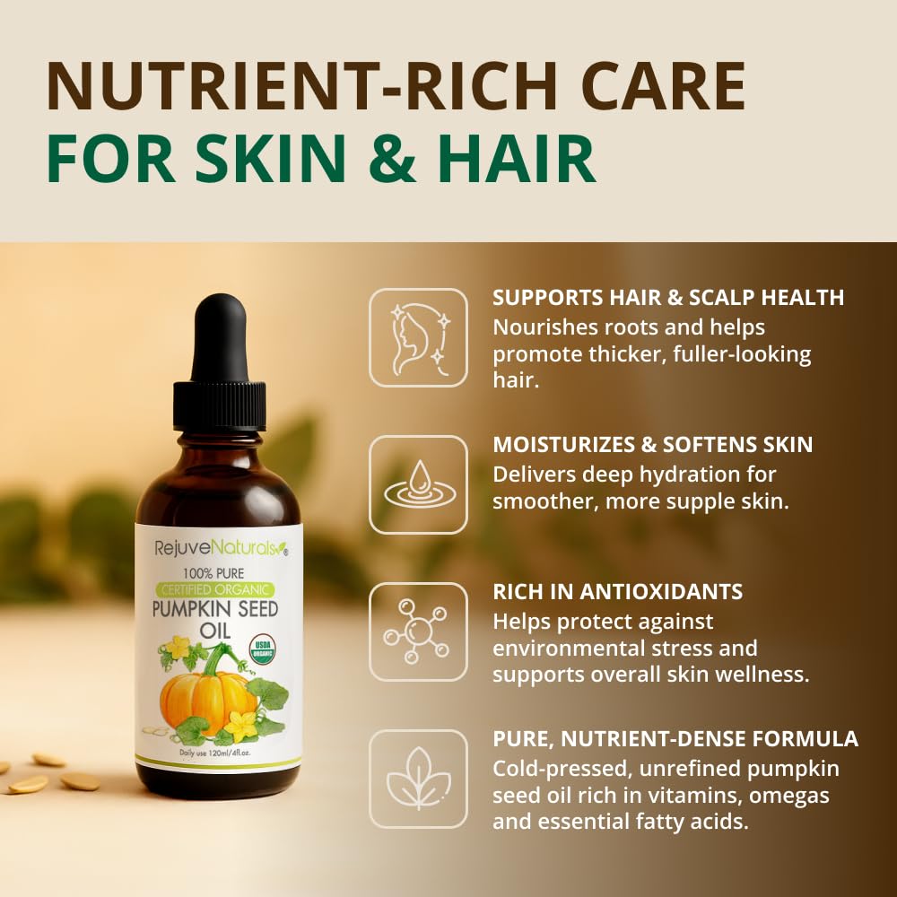 RejuveNaturals pumpkin seed oil dropper close-up for easy application.