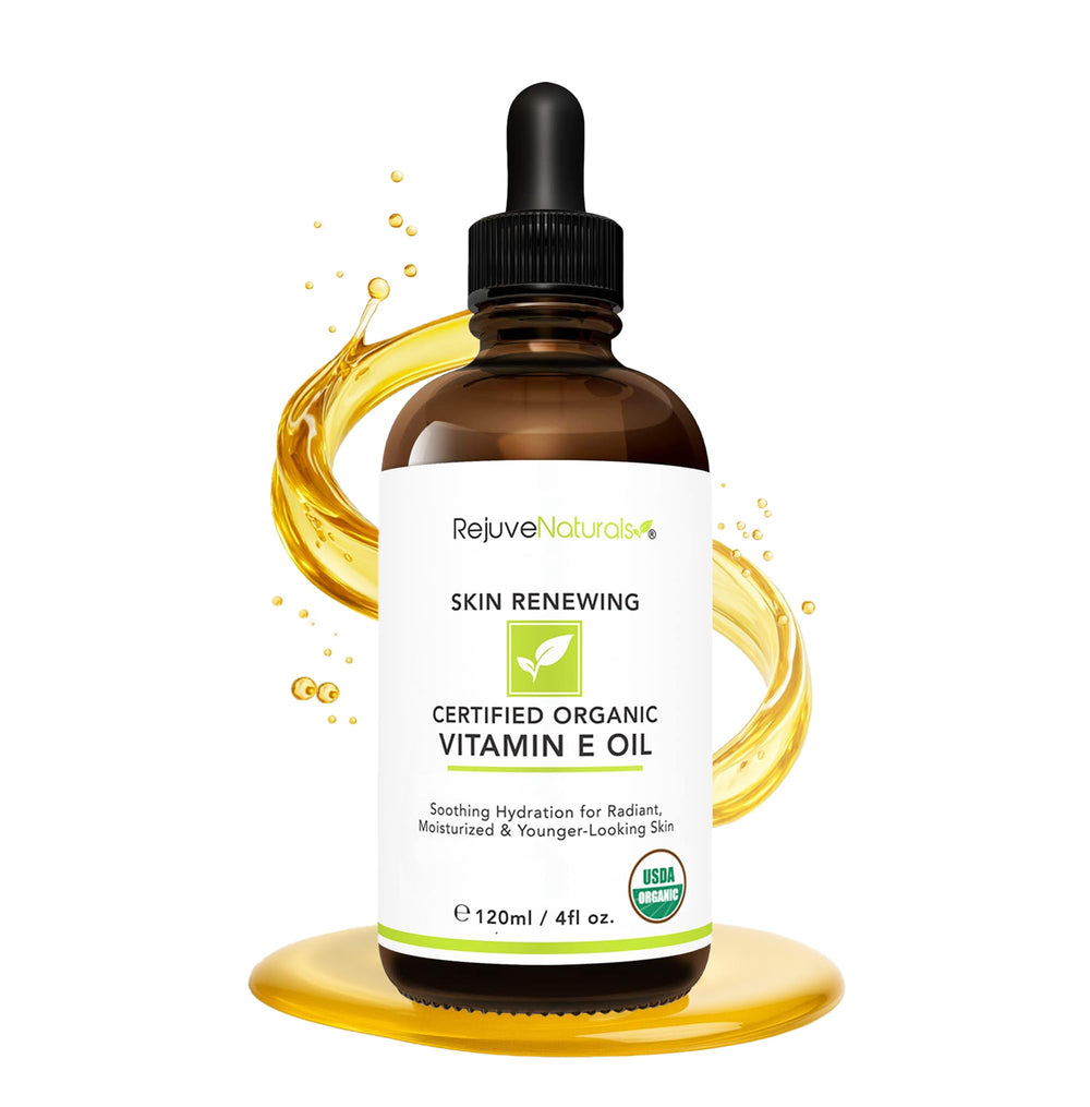 RejuveNaturals Vitamin E Oil bottle front view, nourishing skin.