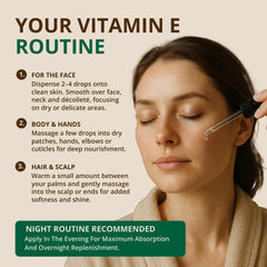 RejuveNaturals Vitamin E Oil ingredients label emphasizing olive-derived, non-GMO source