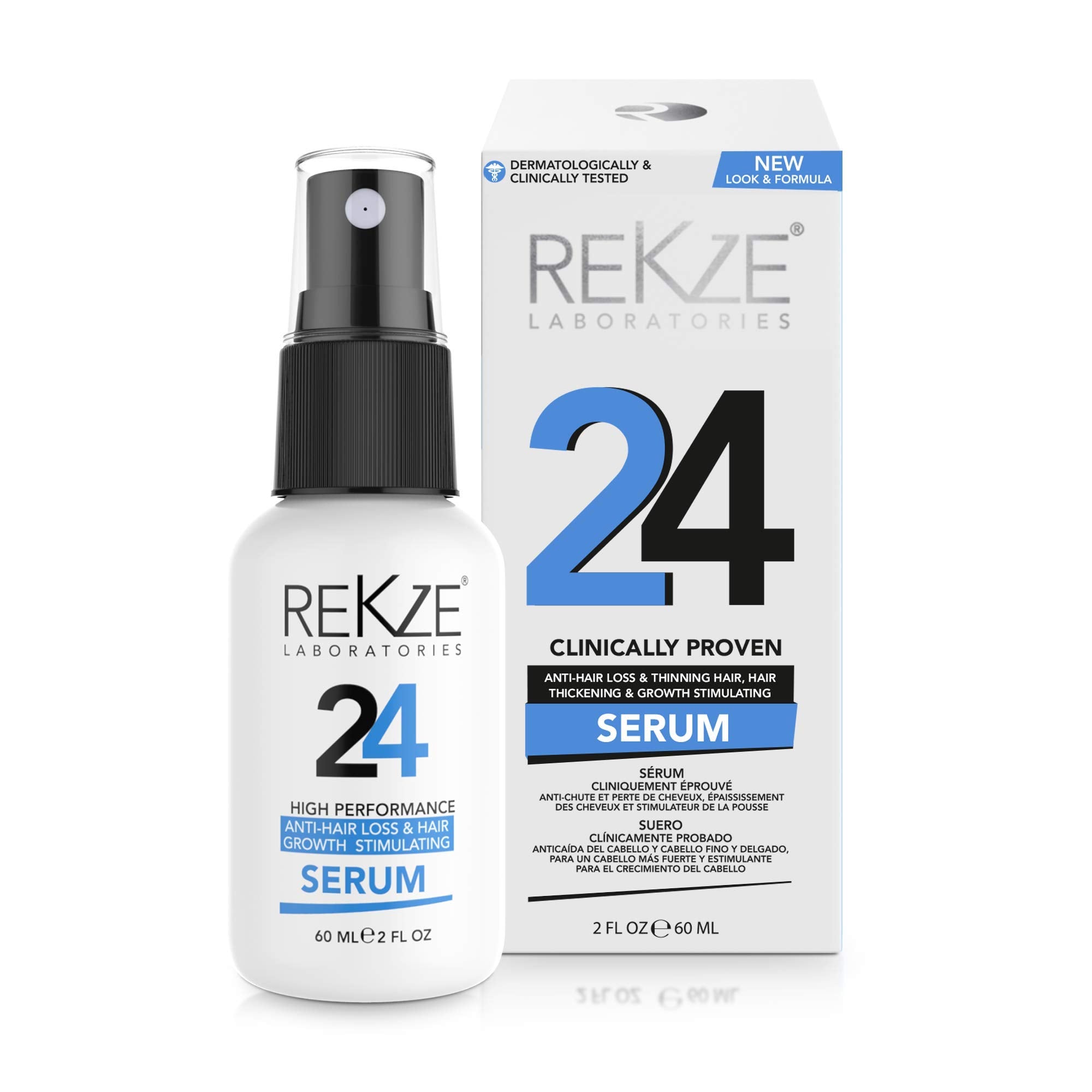 REKZE 24 Serum bottle close-up for scalp nourishment and denser-looking hair.