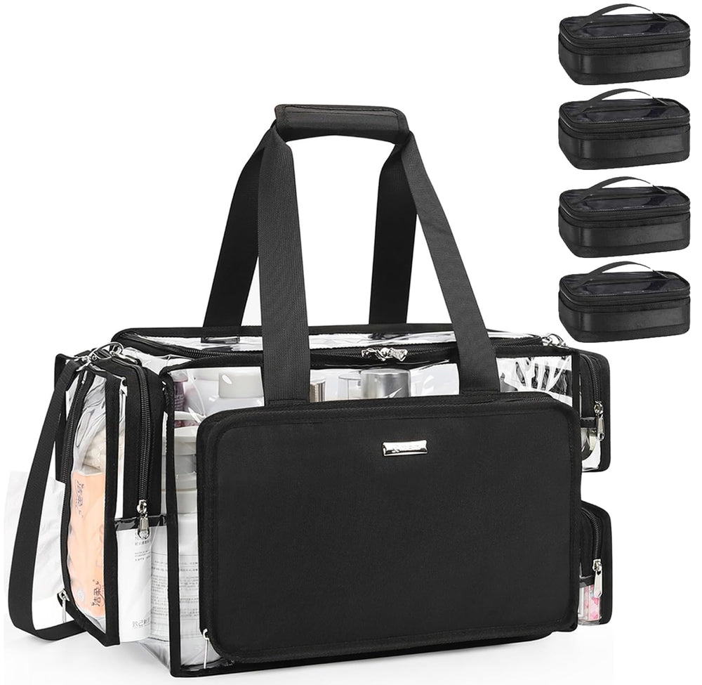 Relavel clear makeup bag with four pouches offers quick access to essentials.