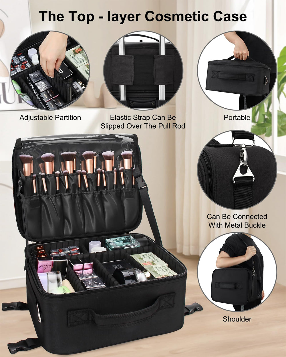 Relavel durable black oxford fabric protects cosmetics during travel.