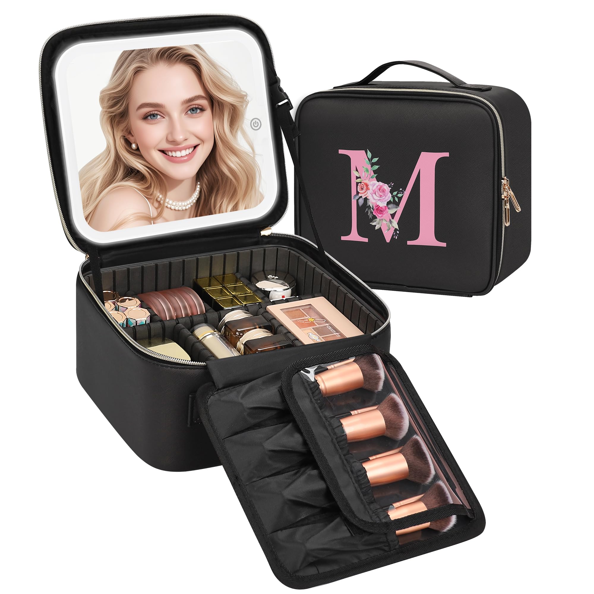 Relavel initial makeup bag with LED mirror front view for travel-ready elegance