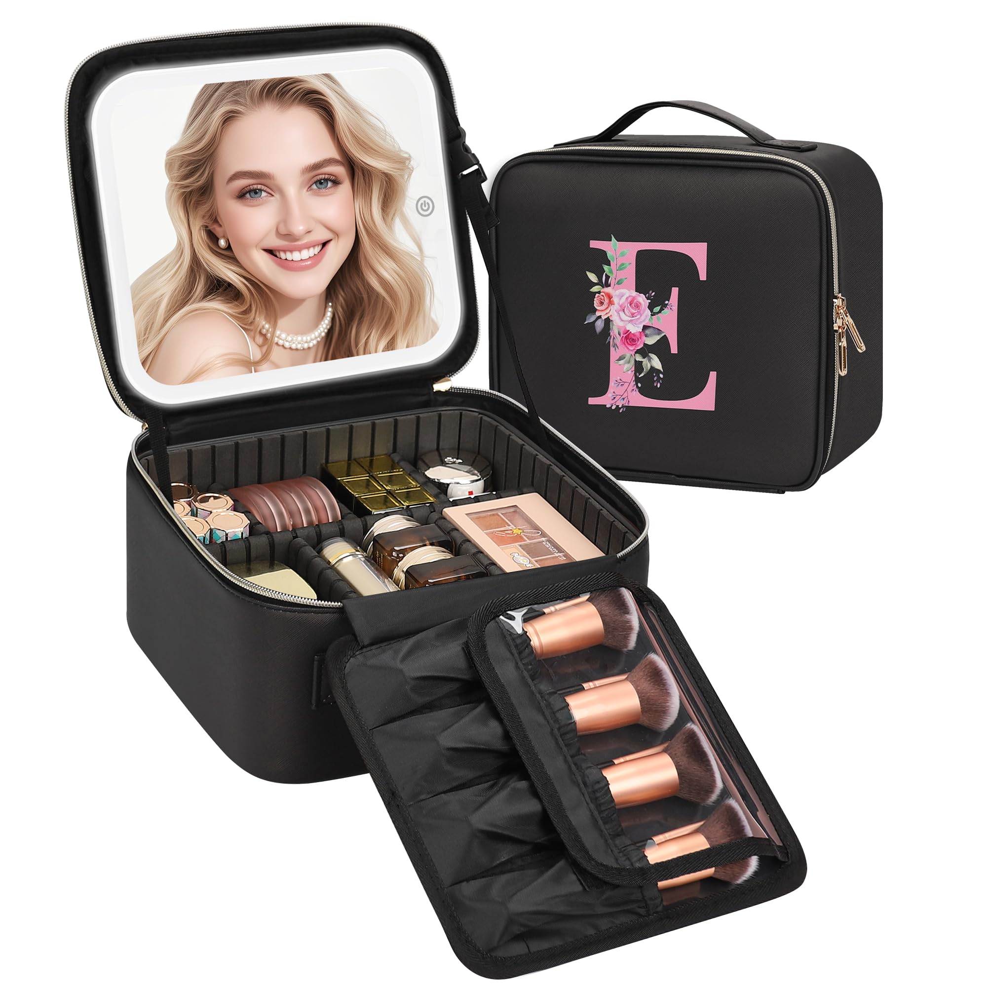 Relavel Initial Makeup Bag with LED Mirror front view showing organized interior