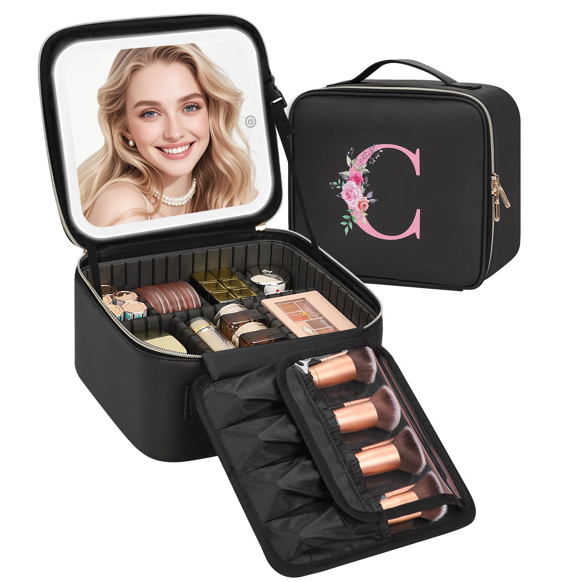 Relavel Initial Makeup Bag with LED Mirror front view, on-the-go touchups