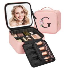 Relavel Initial makeup bag with LED mirror, front view, ideal for organized travel.