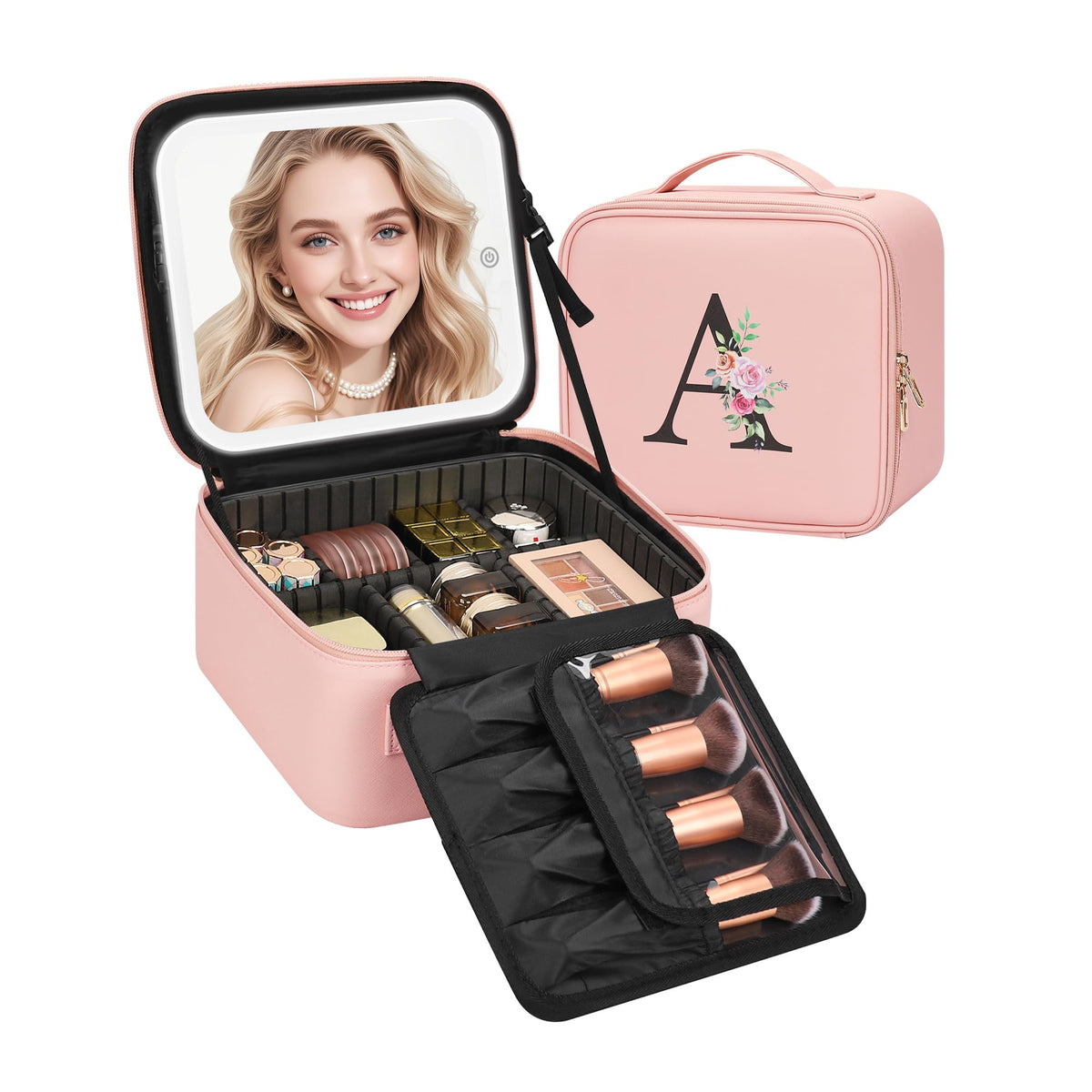 Relavel Initial Makeup Bag with LED Mirror, front view showcasing personalized initials
