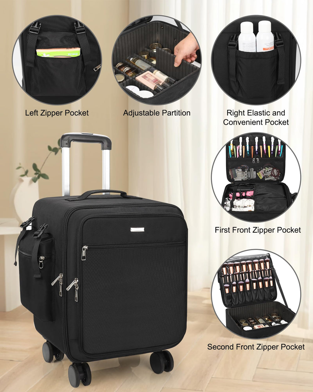 Relavel retractable handle extended to twenty-one inches for effortless mobility.