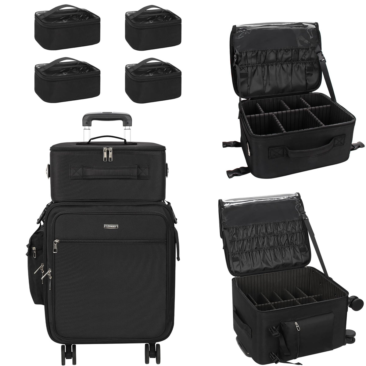 Relavel rolling makeup case front view for easy transport and organized storage.