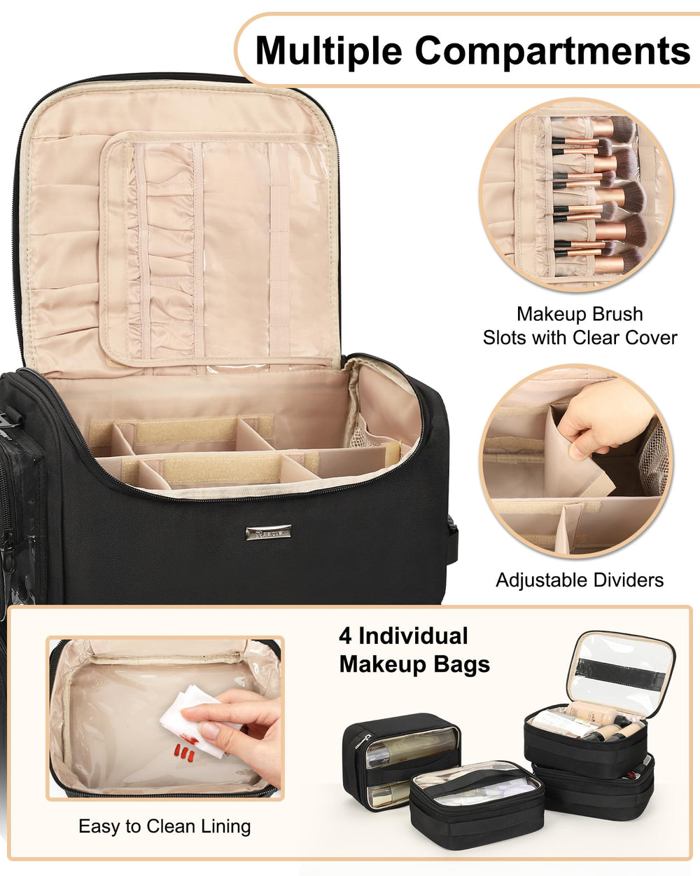 Relavel bottom layer with four clear bags for easy storage of cosmetics and tools.