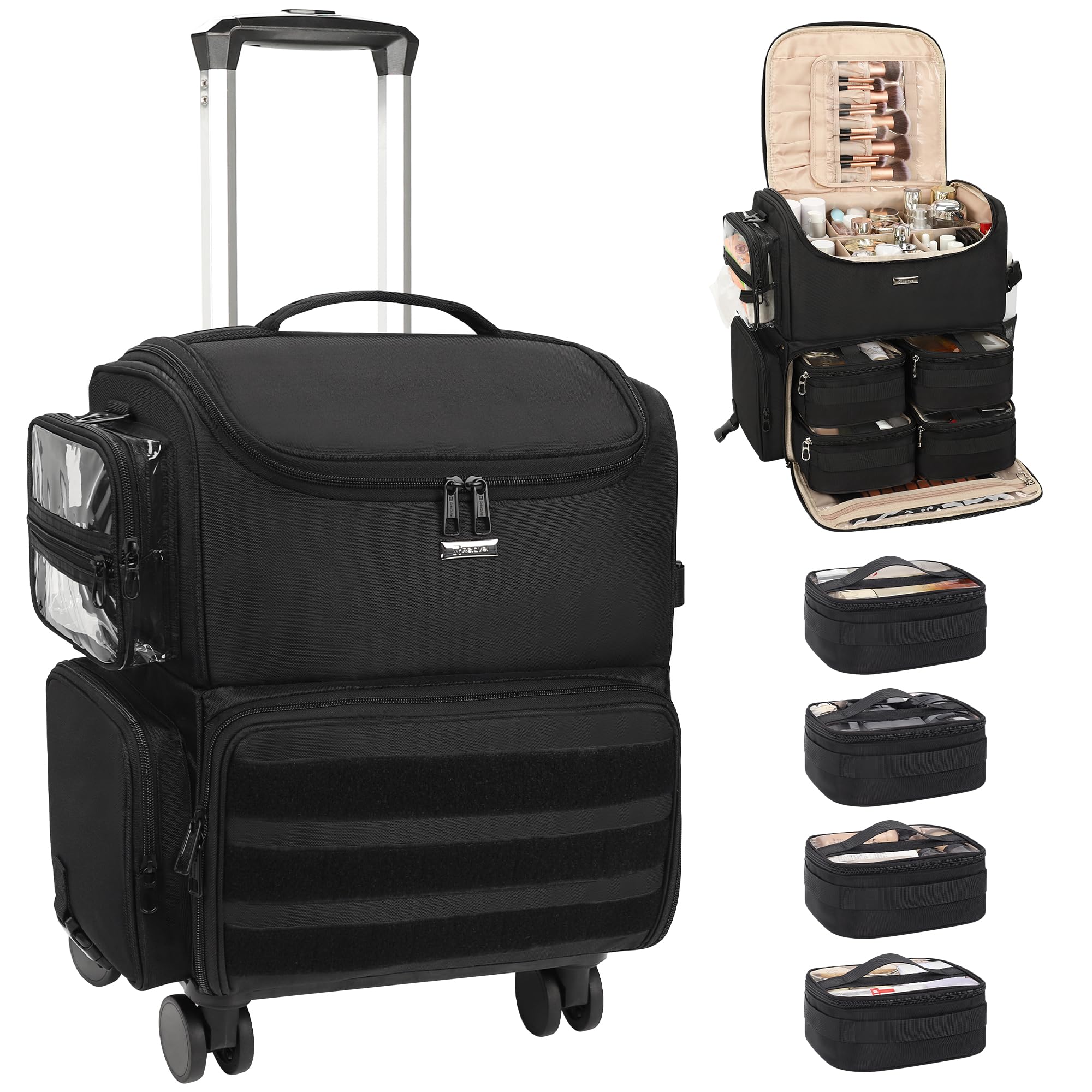 Relavel rolling makeup train case front view shows spacious interior for professionals.