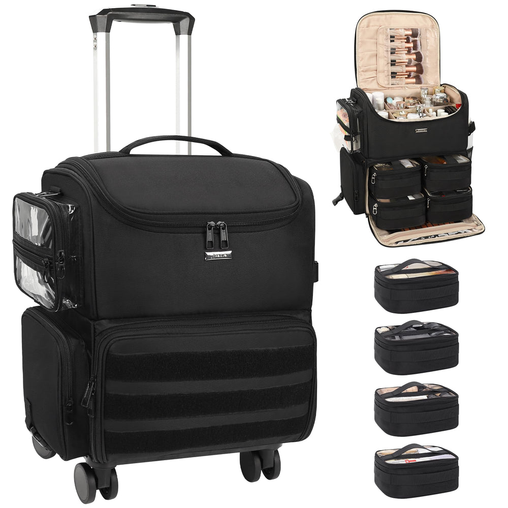 Relavel rolling makeup train case front view shows spacious interior for professionals.