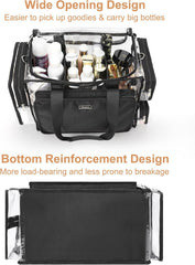 Relavel transparent cosmetic bag in PVC material for durability and easy cleaning.