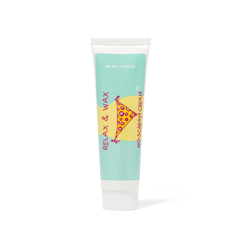 Relax and Wax No Scream Cream bottle label highlights fast-acting numbing formula for waxing.