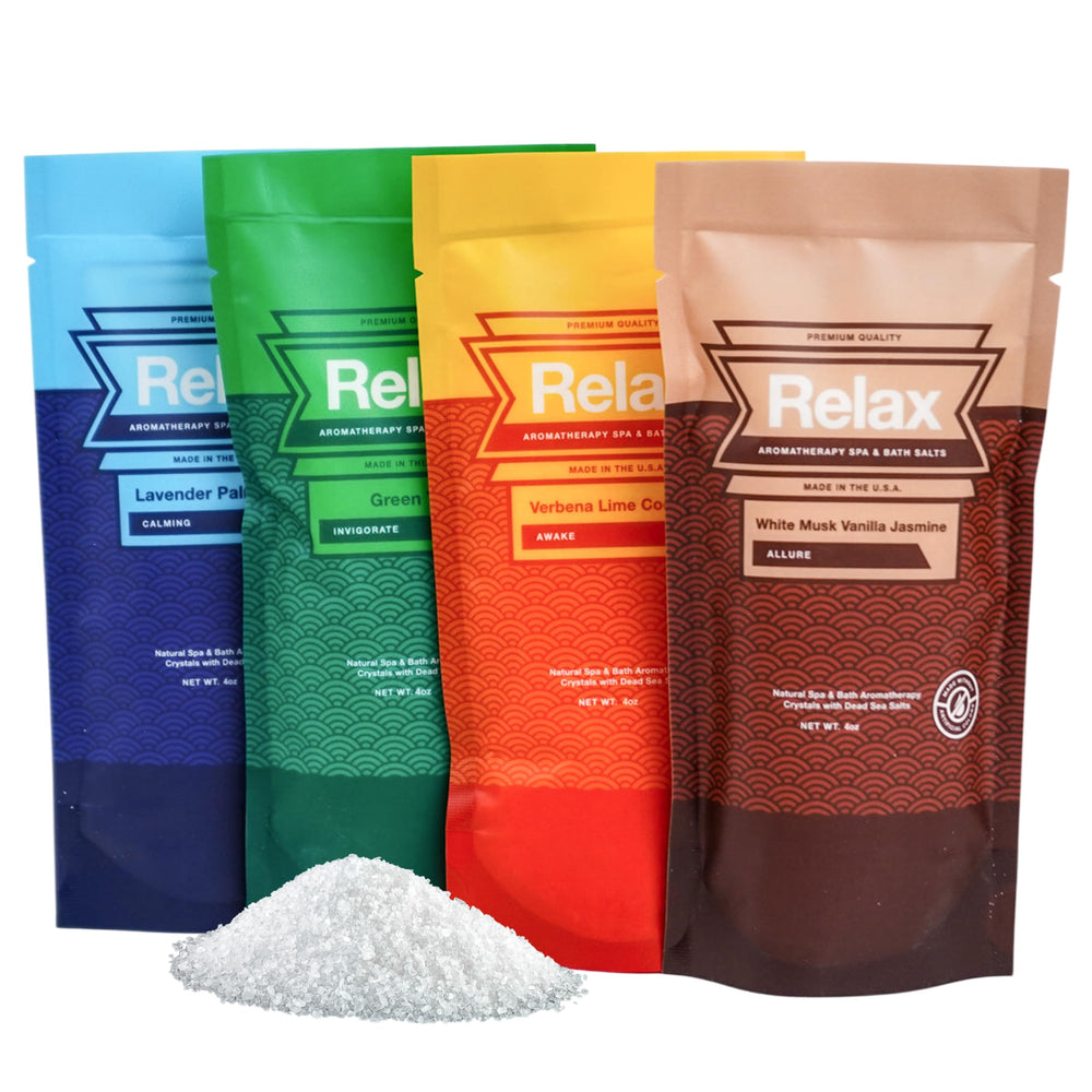 Relax Spa and Bath Escape Green Tea blend salts for a refreshing soak and aroma.