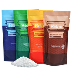 Relax Spa and Bath Escape Green Tea blend salts for a refreshing soak and aroma.