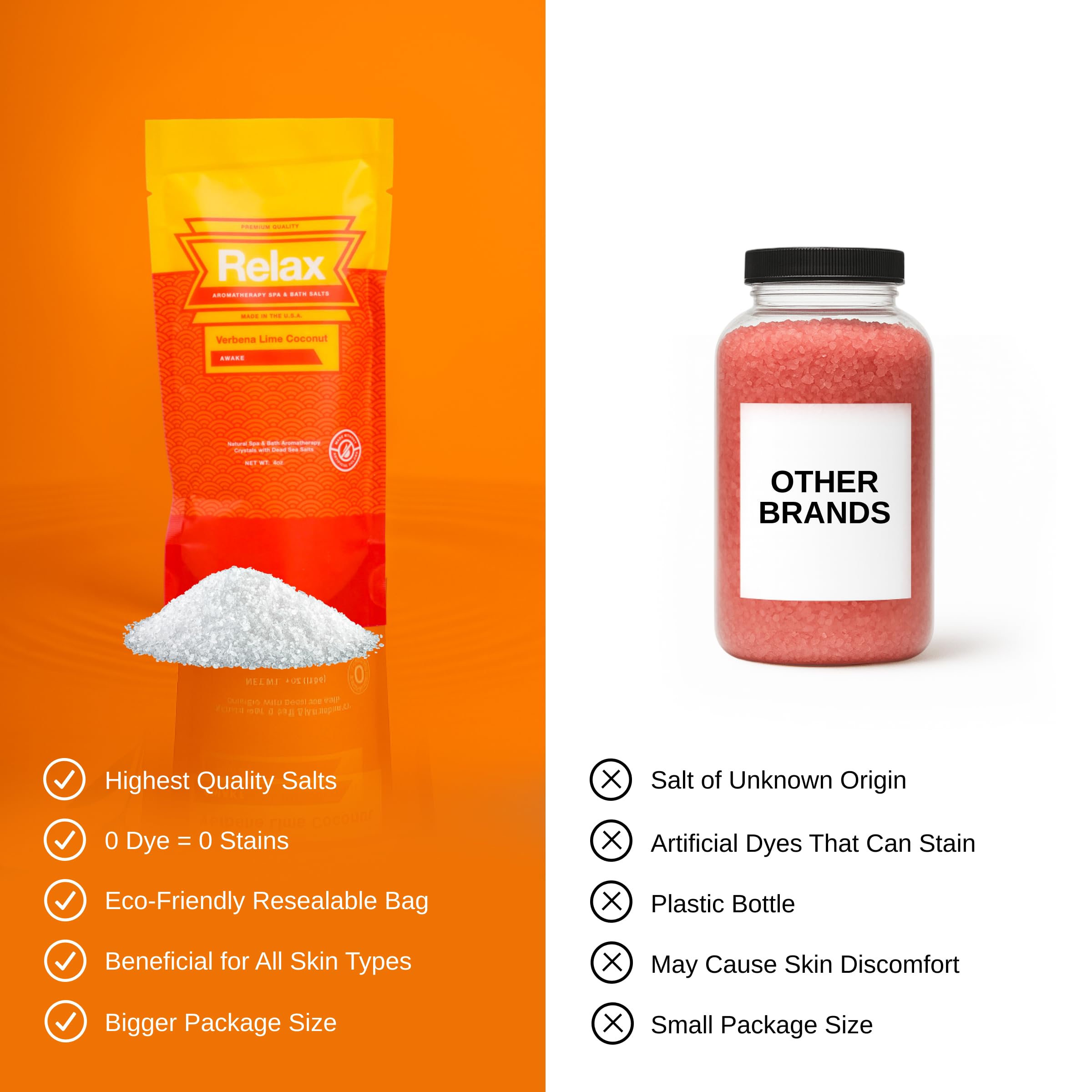 Relax Spa and Bath Mineral-rich salts with minerals for soft skin after soaking.