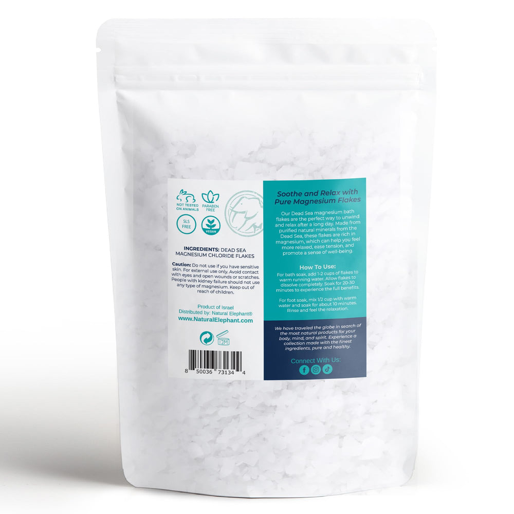 Natural Elephant magnesium bath flakes boost a relaxing home spa routine.