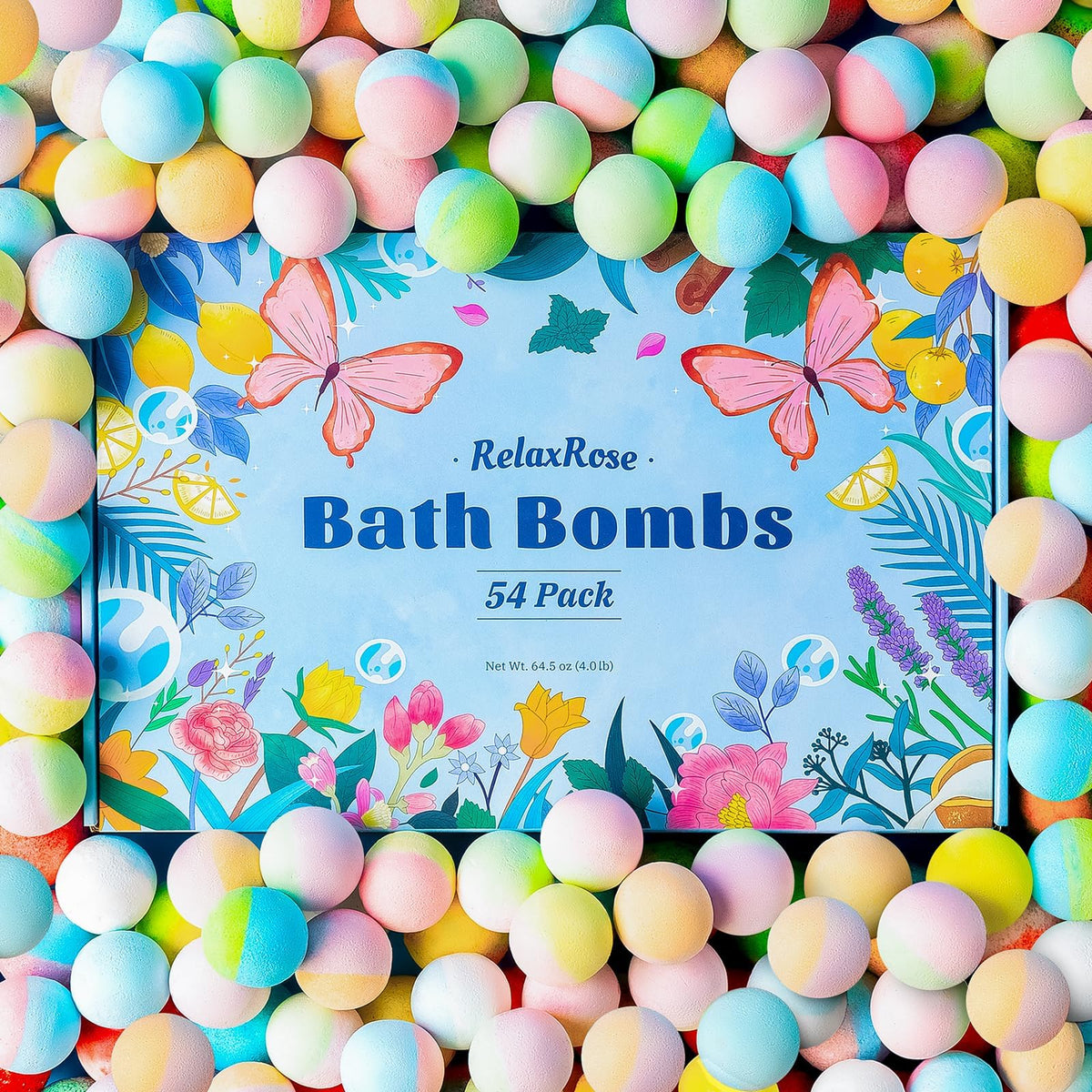 RelaxRose 54-pack bath bombs dissolve to reveal colorful fizz for mood-boosting baths.