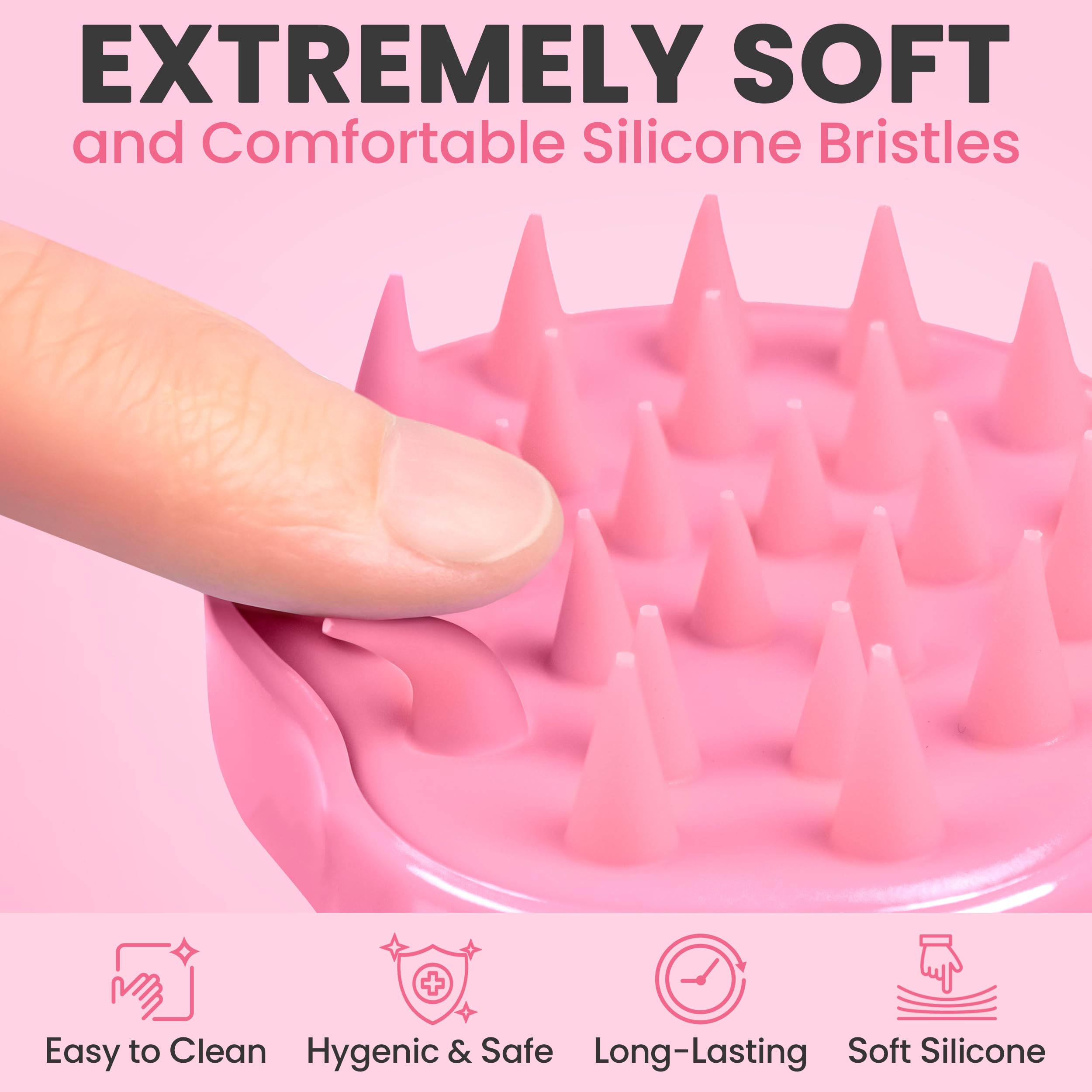 RELAXXO ergonomic grip scalp massager designed for easy handling in shower or dry use.