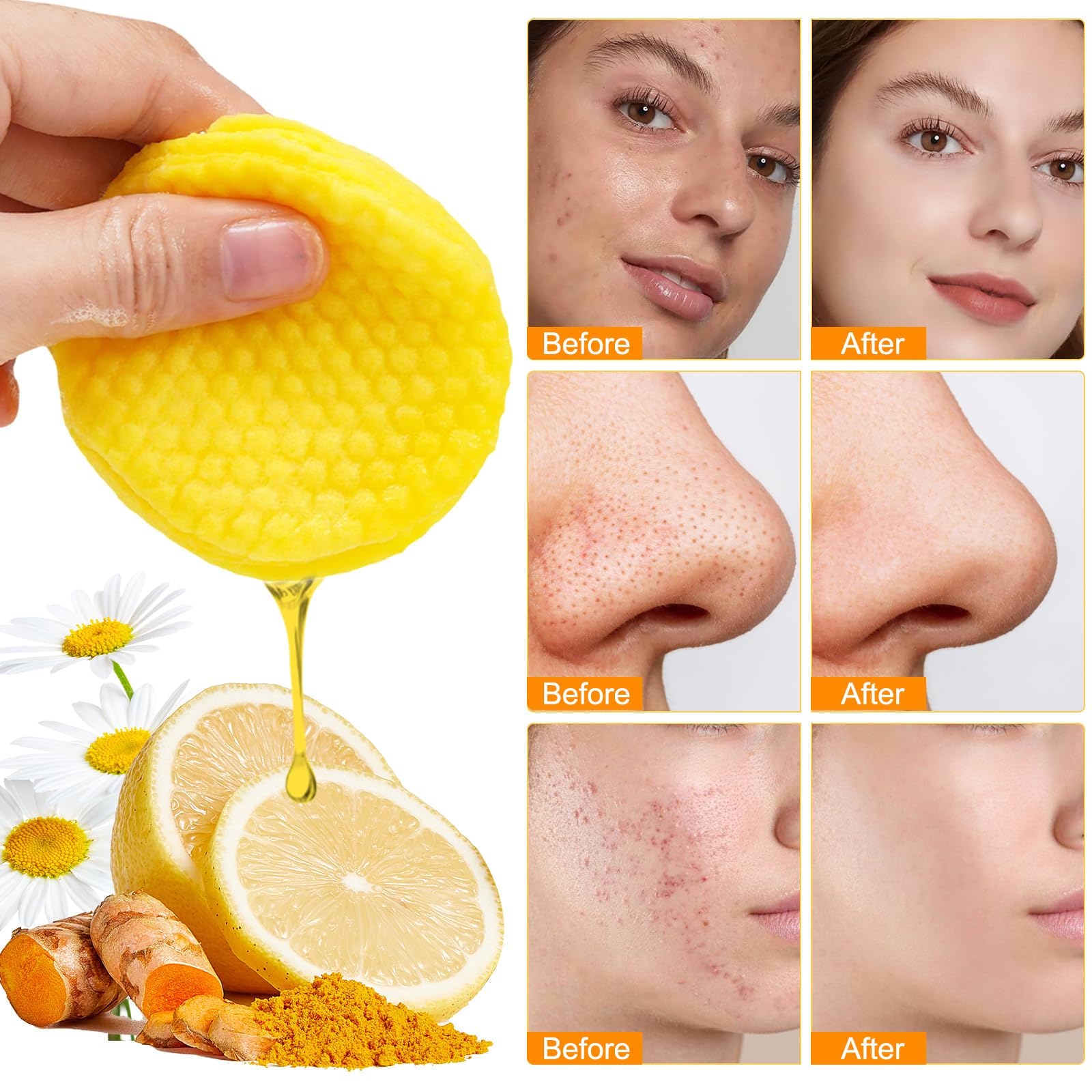 ReliCo Turmeric cleansing pad close-up with turmeric imagery for exfoliation and nourishment.