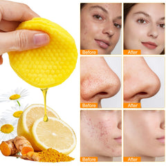 ReliCo Turmeric cleansing pad close-up with turmeric imagery for exfoliation and nourishment.