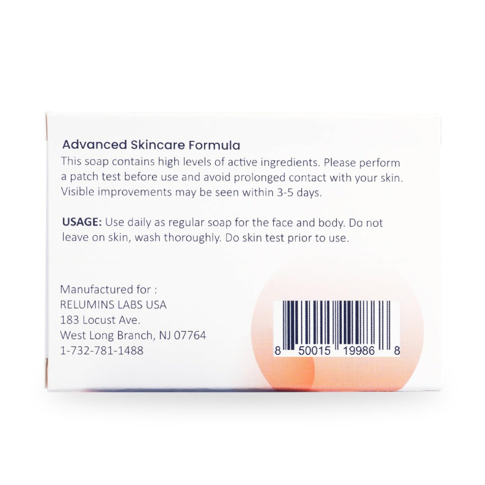 Relumins Glutablend bar packaging with patch-test note for sensitive skin.