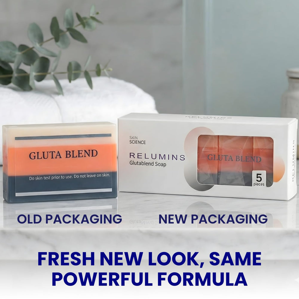 Rosehips infusion label on Relumins Glutablend bar highlights vitamin C nourishment.