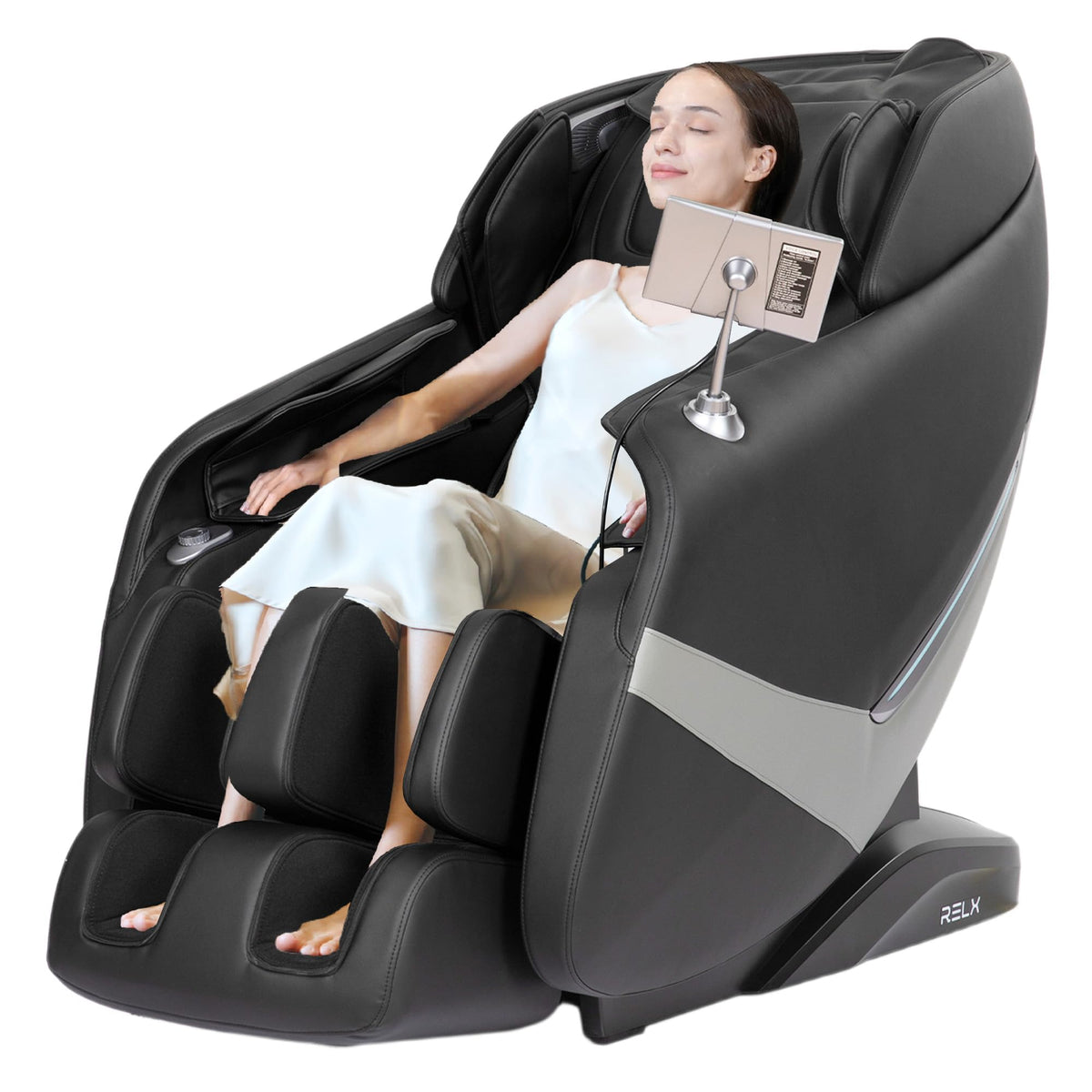 RELX 2026 full-body massage chair front view showing luxurious design and controls.