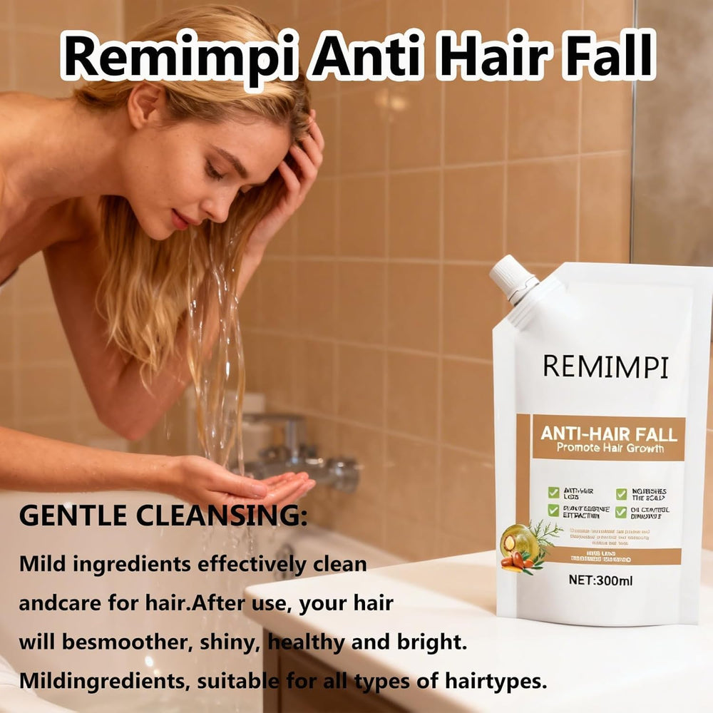 Remimpi Anti Hair Loss Shampoo scalp massage scene for daily care.