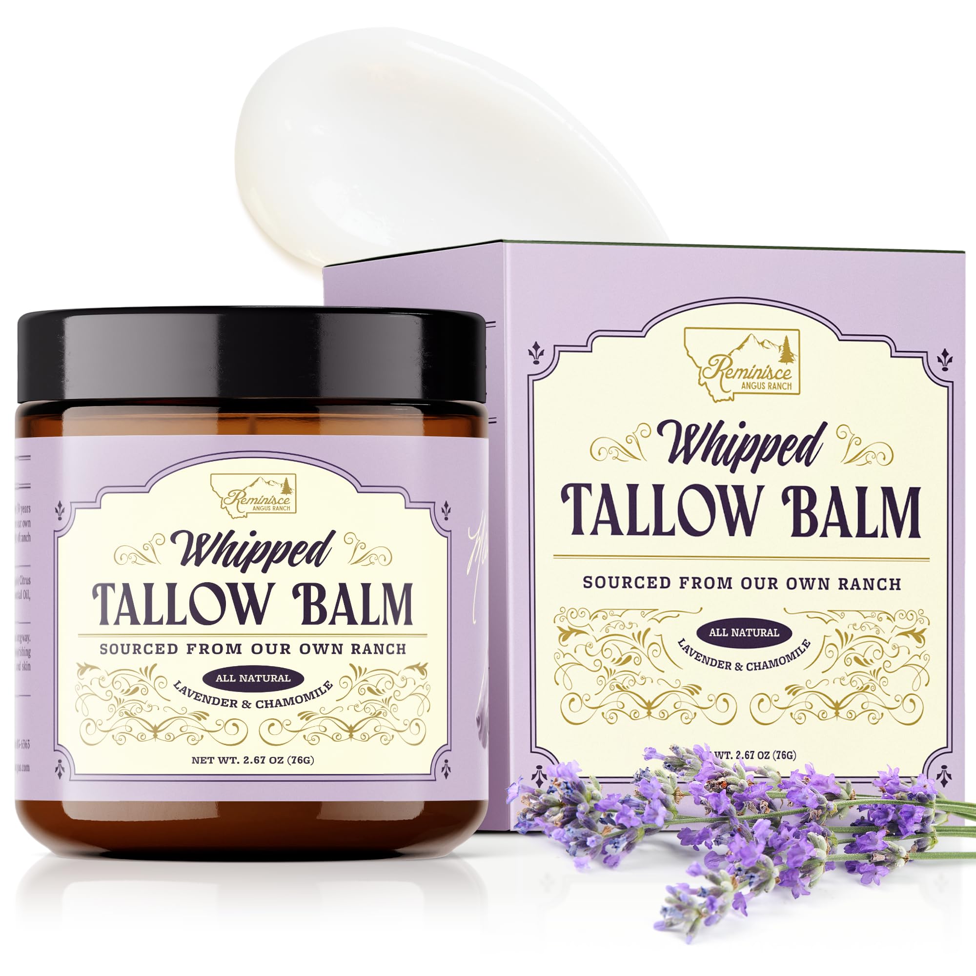 Reminisce Angus Ranch whipped tallow balm packaging shows a clean ranch-to-home skincare option.