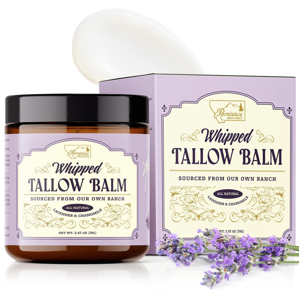 Reminisce Angus Ranch whipped tallow balm packaging shows a clean ranch-to-home skincare option.