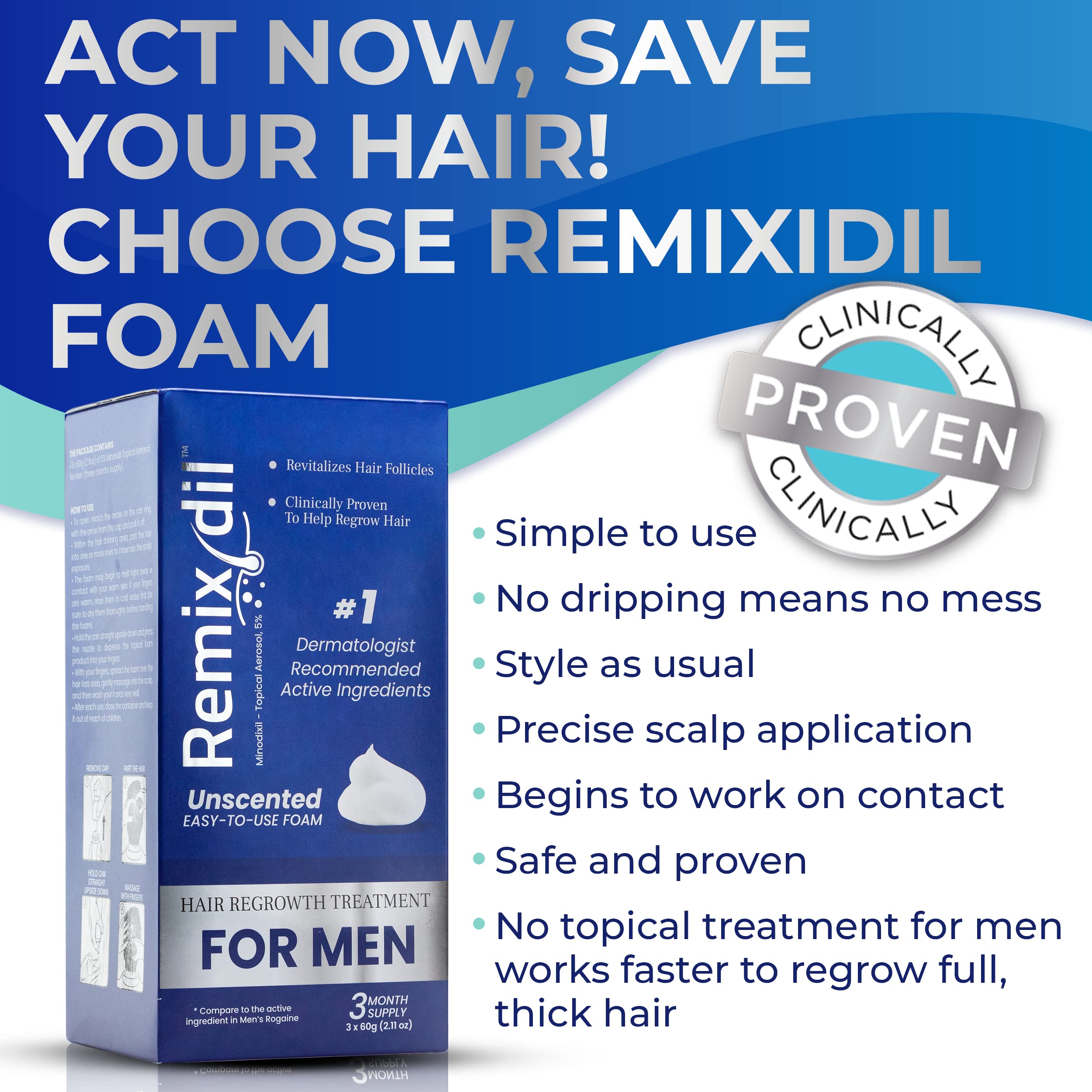 Remixidil Men’s 5% Minoxidil Foam applicator demonstrates precise, mess-free scalp delivery