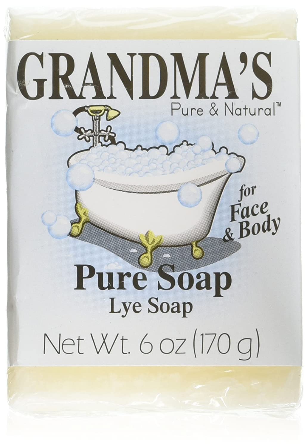 Remwood-Grandmas Pure Lye Soap Bar front view, unscented formula for sensitive skin.