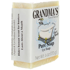 Remwood-Grandmas Pure Lye Soap Bar label with Mayo Clinic SafeSkin certification for irritation-free use.