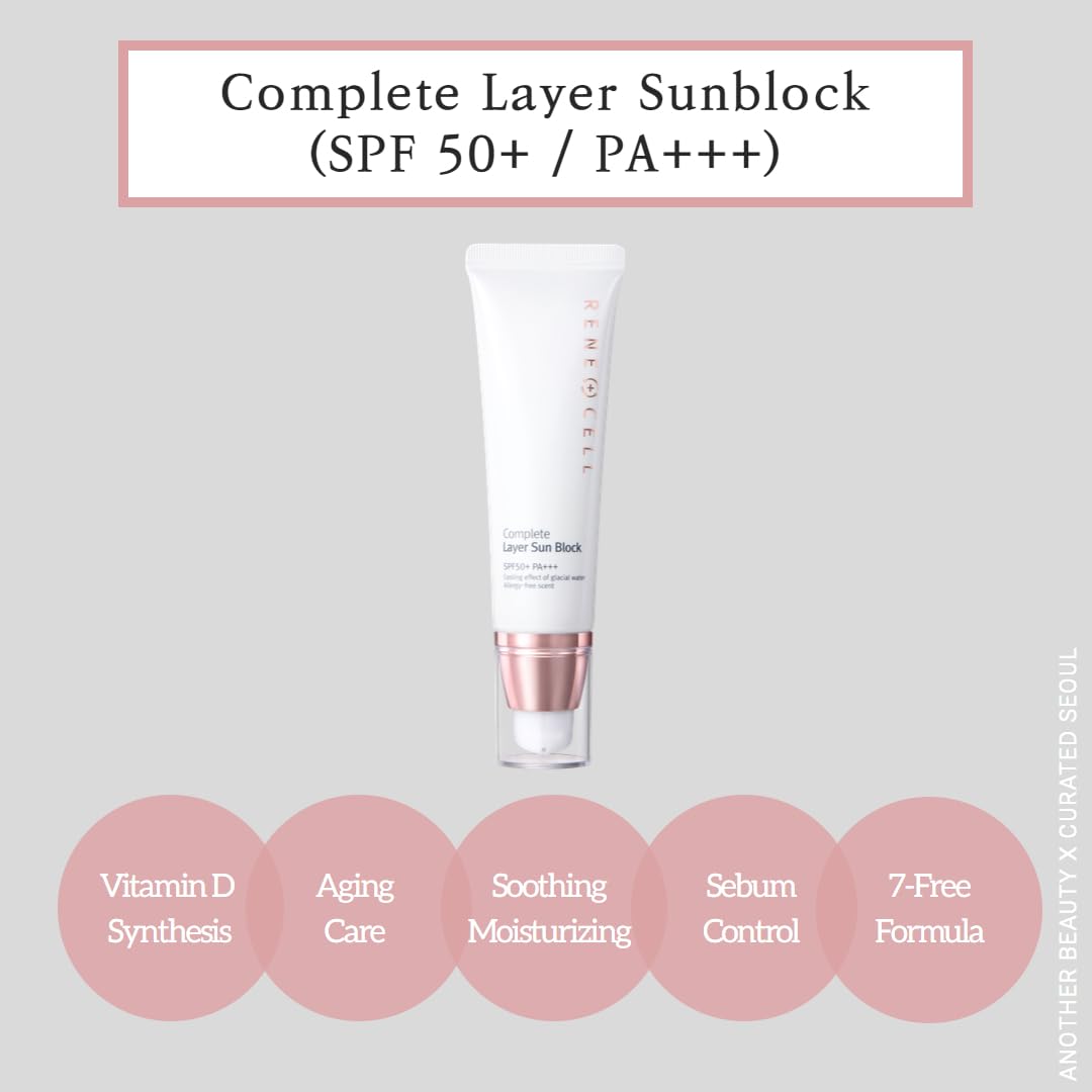 Renecell Complete Layer Sunblock bottle close-up showing Vitamin D synthesis support.
