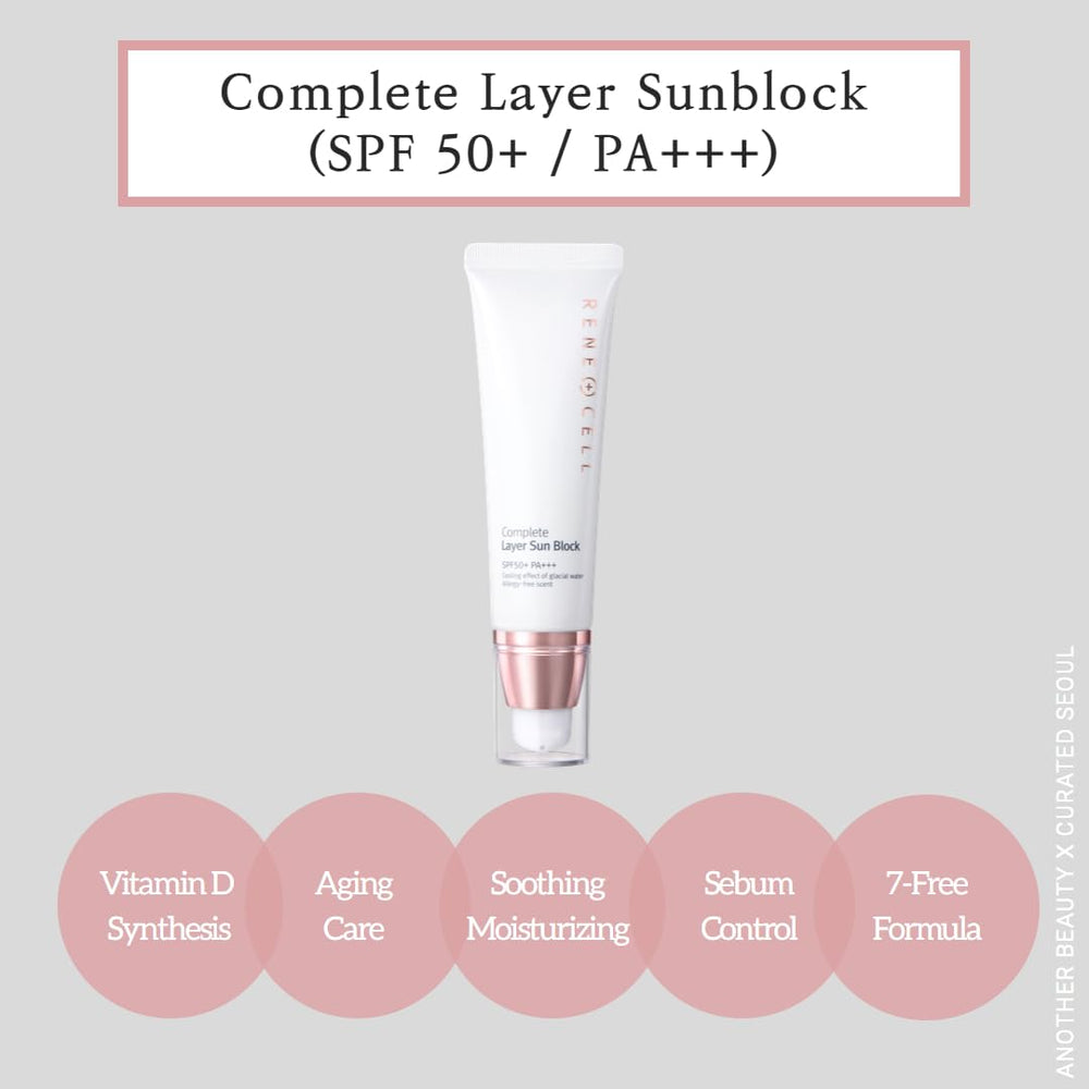 Renecell Complete Layer Sunblock bottle close-up showing Vitamin D synthesis support.